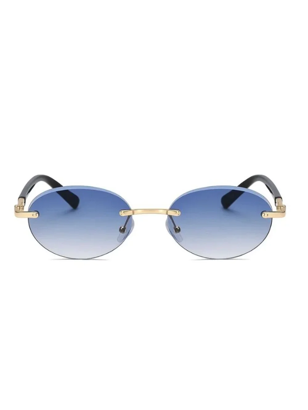 Oval Rimless Blue Lens Sunglasses With Gold & Black Metal Frame